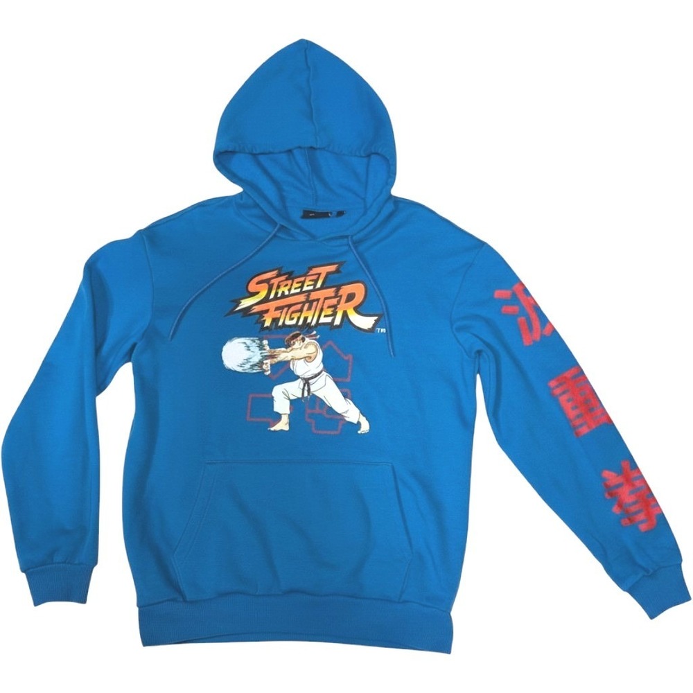 Street Fighter Ryu Hadouken Graphic Hoodie Unisex M Blue Long Sleeve Pullover